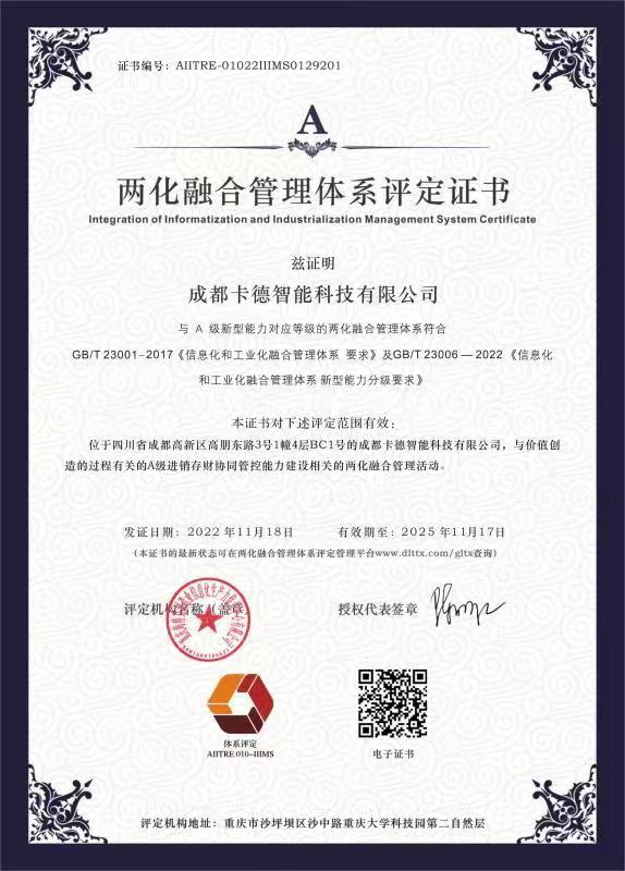 两化融合管理体系评定证书